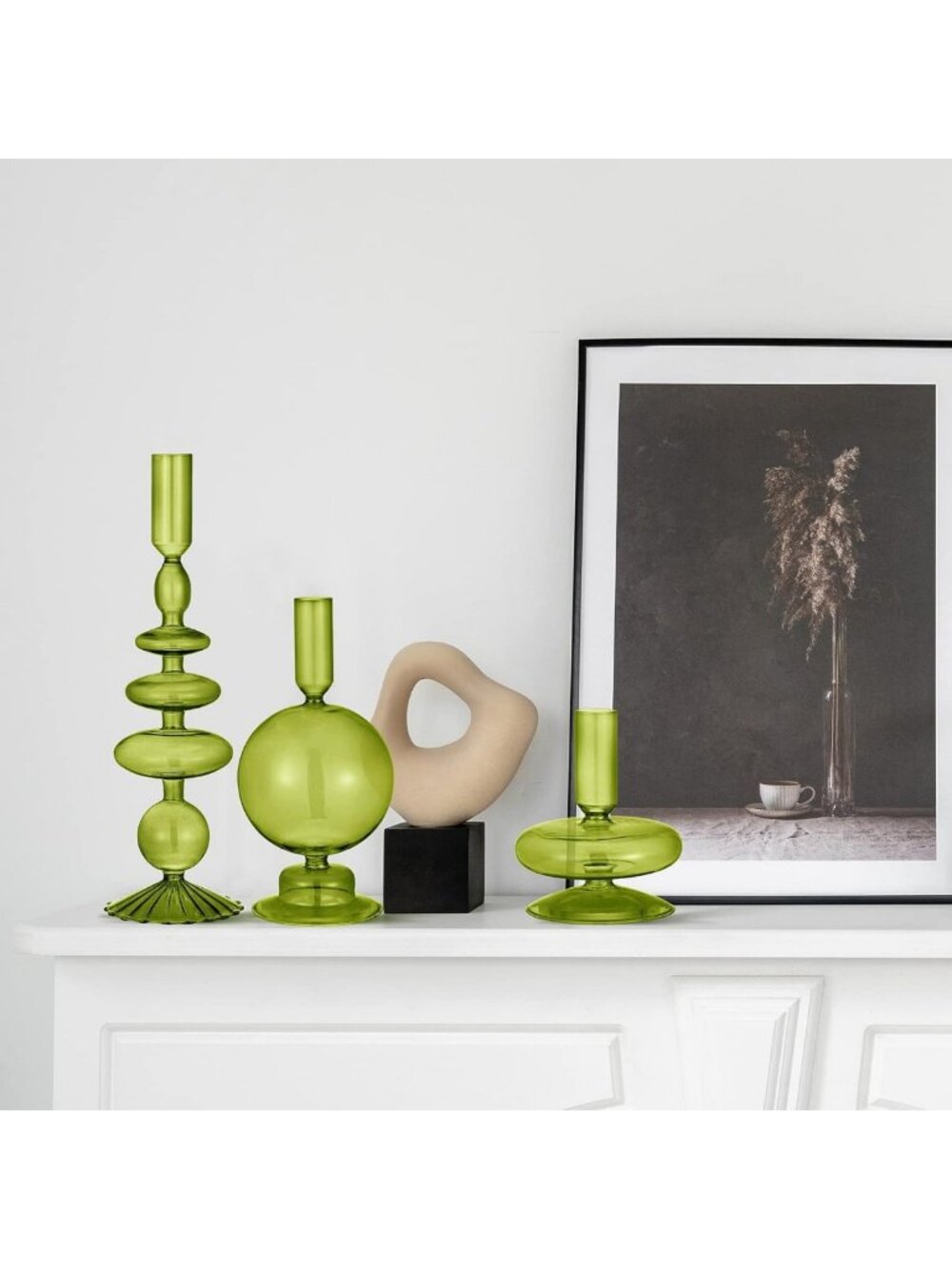 Set of 3 Elegant Green Glass Candle Holders - Stylish Home Decor Accent - Picture 4 of 7
